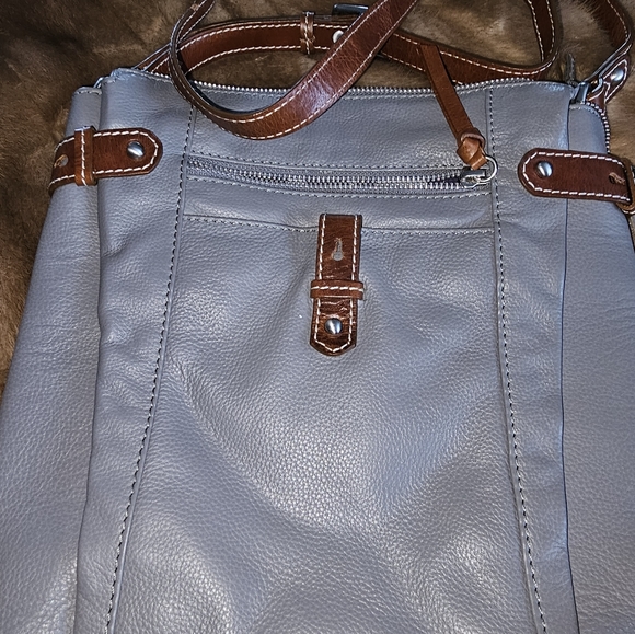 NINO BOSSI Women’s Gray Brown Trim Genuine Leather Crossbody Purse Handbag - Picture 1 of 8